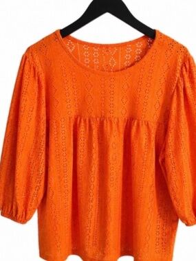 SHEIN Curve 1XL Orange Eyelet Peplum Blouse | 3/4 Puff Sleeve | Boho Top
